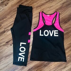 Pink Black Love Tank Top and Legging Gym Workout Two Piece Set Outfit Size  XL